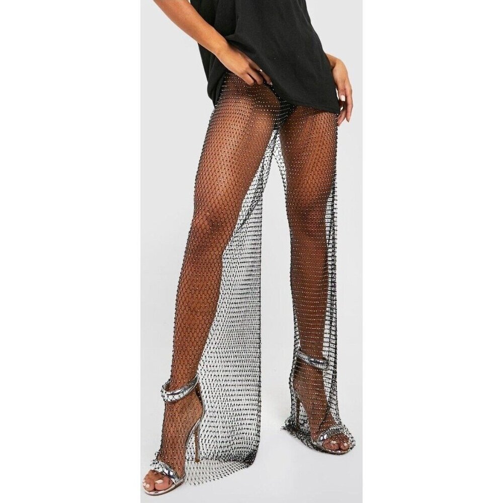 BOOHOO WOMEN'S PREMIUM DIAMANTE MESH WIDE LEG FLARES BLACK ONE SIZE NEW